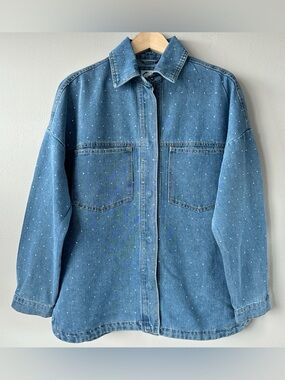 Stoosh Rhinestone Studded Denim Shacket LG NWT Western Cowboy Core Jacket